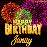 A golden 'Happy Birthday Janay' message with vibrant fireworks in the background, creating a festive and celebratory vibe in this animated name GIF.