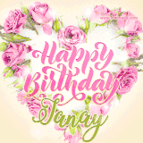 A stunning heart made of pink roses surrounds the elegant script text 'Happy Birthday Janay' on a soft beige background. Animated sparkles add a magical and festive feel.