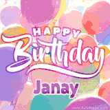 A vibrant name GIF featuring colorful balloons in shades of pink, orange, and yellow with the bold text 'Happy Birthday Janay' in festive fonts, creating a lively birthday vibe.