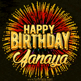 Golden 'Happy Birthday Janaya' text accompanied by animated rainbow fireworks for a festive animated greeting.