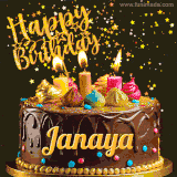 A delightful chocolate birthday cake with bright candles and 'Happy Birthday Janaya' written in gold amidst a shower of animated stars.