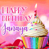 A vibrant birthday GIF featuring a rainbow-colored cupcake topped with white frosting, sprinkles, and a lit candle. The text reads 'Happy Birthday Janaya' in bold pink and violet letters with white outline.