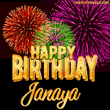A golden 'Happy Birthday Janaya' message with vibrant fireworks in the background, creating a festive and celebratory vibe in this animated name GIF.