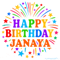 Happy Birthday Janaya' GIF with rainbow-colored letters, colorful stars, and fireworks on white background.