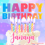 A vibrant animated name GIF with the words 'Happy Birthday Janaya' with colorful candles on a creamy cake. The background sparkles with pastel shades, adding a festive touch.