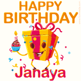 A vibrant and funny gift box character with a happy face dancing with a cupcake and the text 'Happy Birthday Janaya,' surrounded by animated confetti and party vibes.