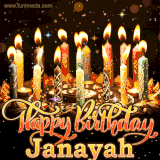 A glowing personalized birthday GIF with name Janayah featuring lit candles with intricate designs, warm lighting, and the text 'Happy Birthday' in an elegant font.