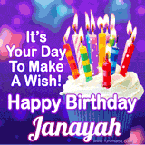 A colorful birthday GIF for Janayah featuring a cupcake with vibrant lit candles and the text 'It's Your Day to Make a Wish! Happy Birthday Janayah' in bold letters on a festive purple background.