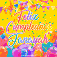 A bright and festive GIF with the text 'Feliz Cumpleaños Janayah' in Spanish in colorful fonts, surrounded by confetti, balloons, and festive banners on a vibrant yellow background.