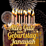 A chocolate birthday cake with glowing candles, the German text 'Alles Gute zum Geburtstag Janayah,' and vibrant fireworks lighting up the background in an animated GIF.