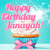 A festive cupcake with pink icing, a gingham bow, and a lit animated sparkler, paired with 'Happy Birthday Janayah!' in bright pink text.