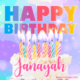 A vibrant animated name GIF with the words 'Happy Birthday Janayah' with colorful candles on a creamy cake. The background sparkles with pastel shades, adding a festive touch.