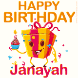 A vibrant and funny gift box character with a happy face dancing with a cupcake and the text 'Happy Birthday Janayah,' surrounded by animated confetti and party vibes.
