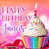 A vibrant birthday GIF featuring a rainbow-colored cupcake topped with white frosting, sprinkles, and a lit candle. The text reads 'Happy Birthday Jancis' in bold pink and violet letters with white outline.