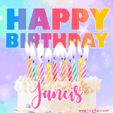 A vibrant animated name GIF with the words 'Happy Birthday Jancis' with colorful candles on a creamy cake. The background sparkles with pastel shades, adding a festive touch.