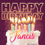 A colorful birthday cake topped with lit candles, with the words 'Happy Birthday Jancis' in bold glowing letters on a burgundy background. Animated flames add a festive touch.