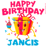 A vibrant and funny gift box character with a happy face dancing with a cupcake and the text 'Happy Birthday Jancis,' surrounded by animated confetti and party vibes.