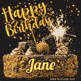 Celebrate Jane's birthday with a GIF featuring chocolate cake, a lit sparkler, and golden stars