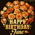Beautiful bouquet of orange and red roses for Jane, golden inscription and twinkling stars