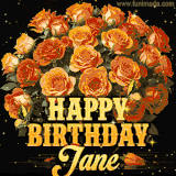Animated bouquet of orange roses with moving butterfles and golden 'Happy Birthday Jane' text, surrounded by sparkling accents and a dark backdrop for a luxurious feel.