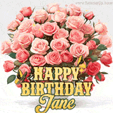 Golden 'Happy Birthday Jane' text beneath a vibrant bouquet of orange roses, complete with glittering butterflies and sparkling details.