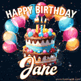 Hand-drawn happy birthday cake adorned with an arch of colorful balloons - name GIF for Jane