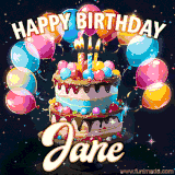 Bright birthday animation for Jane with a chocolate cake, candles, balloons, and glowing celebratory lights.