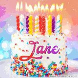 A cheerful white birthday cake with multicolor sprinkles, lit candles, and 'Jane' written in vibrant letters, in an animated GIF.