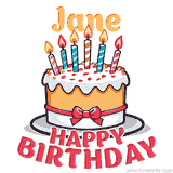 Cartoon birthday cake with a red bow, glowing candles, and 'Jane Happy Birthday' text in bold animated style.