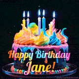 A mesmerizing animated cake with multicolor frosting and candles, and the words 'Happy Birthday Jane' on the black background.