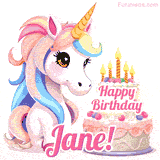 An adorable animated unicorn with soft pastel colors sits beside a birthday cake with glowing candles, and a pink 'Happy Birthday Jane!' words.