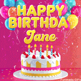 Pink-themed animated greeting with balloons, confetti, and a frosted cake under the message 'Happy Birthday Jane' in bold rounded yellow font.