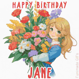 Bright floral birthday animation for Jane showing a cute cartoon girl with golden hair and expressive eyes holding a huge bouquet, surrounded by birthday text.