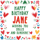 A colorful animated card for Jane’s birthday featuring playful hearts, cheerful flowers, and a handwritten message wishing smiles and sunshine.