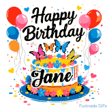 An animated birthday card for Jane. It features a festive cake with her name, 'Jane', and colorful butterflies. Floating balloons and hearts complete the joyful scene.