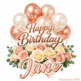 Happy Birthday Jane animated GIF with elegant rose gold balloons and pink roses
