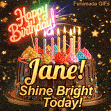 Cute chocolate cake animation with Jane's name, decorated with glowing birthday candles and multicolored icing.