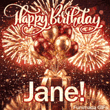 Cute gift-themed animated image showing a red present and shiny balloons for Janes special day.