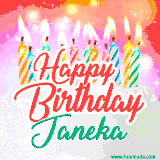 Bright birthday candles with rainbow flames on a cake, alongside the text 'Happy Birthday Janeka' in vibrant script in this celebratory animated GIF.