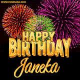A golden 'Happy Birthday Janeka' message with vibrant fireworks in the background, creating a festive and celebratory vibe in this animated name GIF.