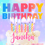 A vibrant animated name GIF with the words 'Happy Birthday Janeka' with colorful candles on a creamy cake. The background sparkles with pastel shades, adding a festive touch.