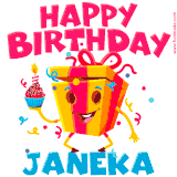 A vibrant and funny gift box character with a happy face dancing with a cupcake and the text 'Happy Birthday Janeka,' surrounded by animated confetti and party vibes.