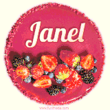 Beautifully decorated red velvet berry birthday cake with vibrant fruits and a glowing 'Janel' name, adding a touch of sweetness and sparkle.