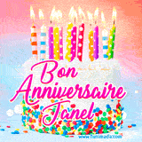 A white birthday cake covered in colorful sprinkles, topped with bright candles, and French text 'Bon Anniversaire Janel' on a pastel gradient background in an animated GIF.