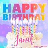 A vibrant animated name GIF with the words 'Happy Birthday Janel' with colorful candles on a creamy cake. The background sparkles with pastel shades, adding a festive touch.