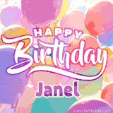 A vibrant name GIF featuring colorful balloons in shades of pink, orange, and yellow with the bold text 'Happy Birthday Janel' in festive fonts, creating a lively birthday vibe.
