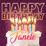 A colorful birthday cake topped with lit candles, with the words 'Happy Birthday Janele' in bold glowing letters on a burgundy background. Animated flames add a festive touch.
