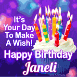 A colorful birthday GIF for Janeli featuring a cupcake with vibrant lit candles and the text 'It's Your Day to Make a Wish! Happy Birthday Janeli' in bold letters on a festive purple background.