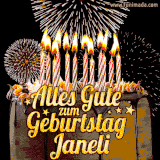 A chocolate birthday cake with glowing candles, the German text 'Alles Gute zum Geburtstag Janeli,' and vibrant fireworks lighting up the background in an animated GIF.