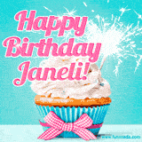 A festive cupcake with pink icing, a gingham bow, and a lit animated sparkler, paired with 'Happy Birthday Janeli!' in bright pink text.